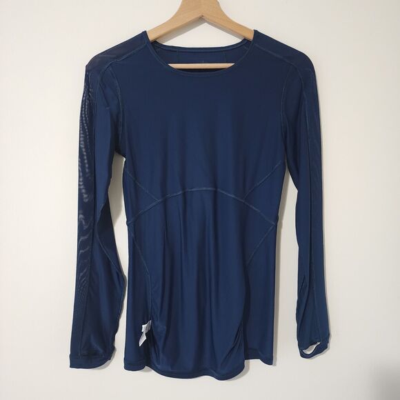 Athleta Womens Long Sleeve Active T-Shirt Navy Blue Crew Neck Thumb-Holes Sz XS - Picture 4 of 8